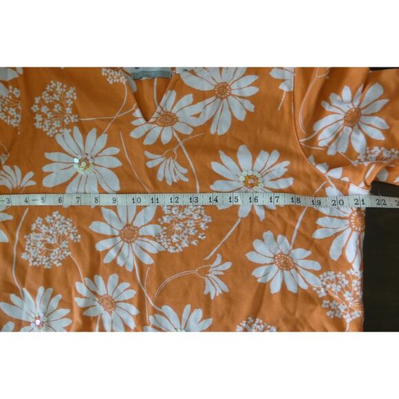 Alfred Dunner Short Sleeve Top PM Floral Sequin Petite Orange White Summer - Picture 7 of 8